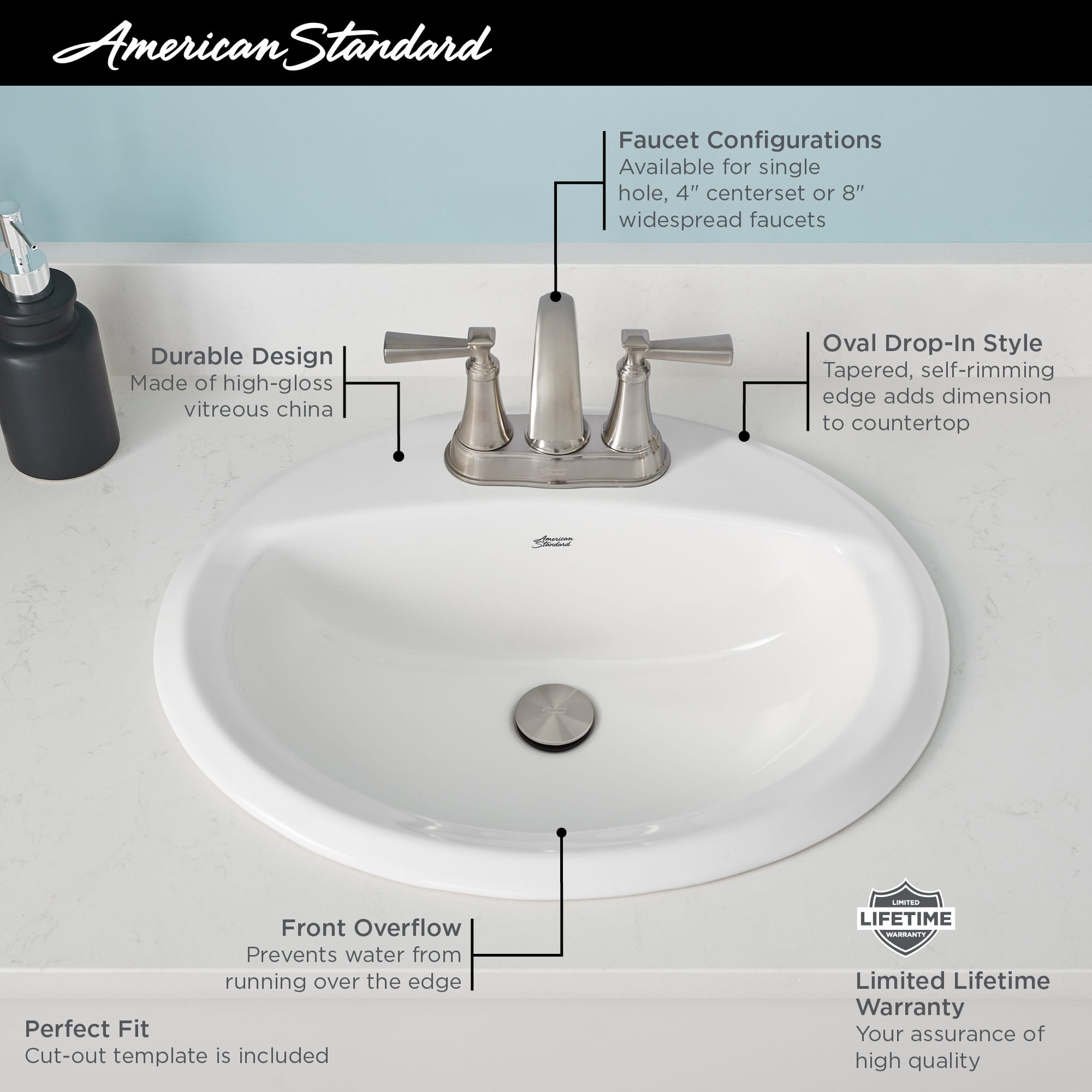 Reliant® Oval Drop-In Bathroom Sink, 4 in. Centerset Holes
